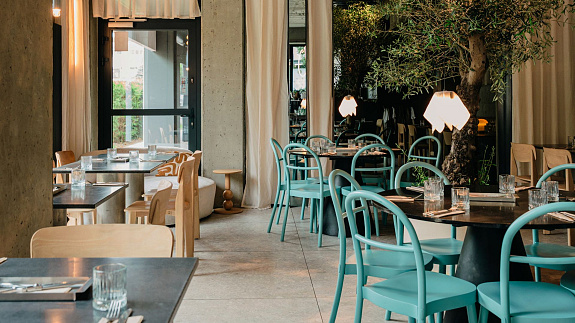 Projekt włoskiej restauracji w Poznaniu. We wnętrzu wzrok przykuwa rozłożyste drzewo oliwne