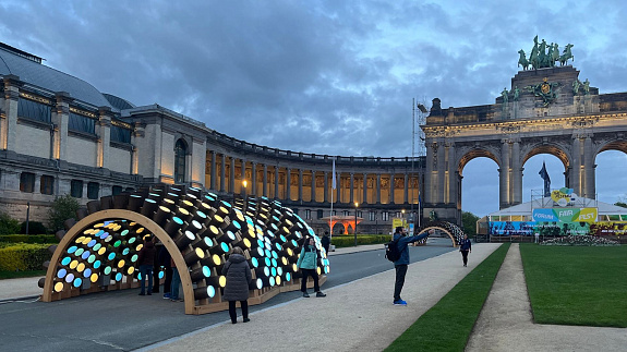 Polacy zaprojektowali eko-pawilon z drewna i papieru. Podświetlana konstrukcja stanęła w parku w Brukseli